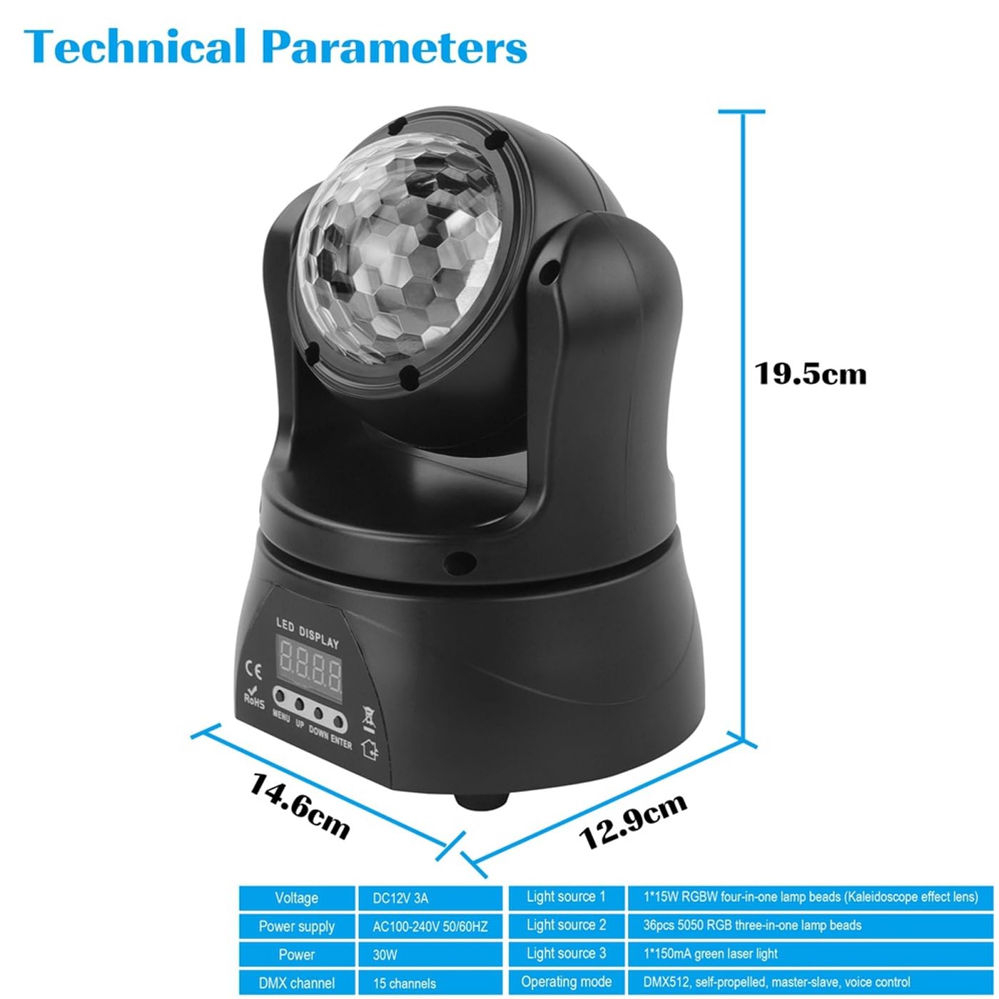 Testa Mobile per DJ, 30W RGBW a Doppia Faccia, con caleidoscopio e Controller DMX, attivata dal Suono, luci da Discoteca per Interni (1 Pezzo)