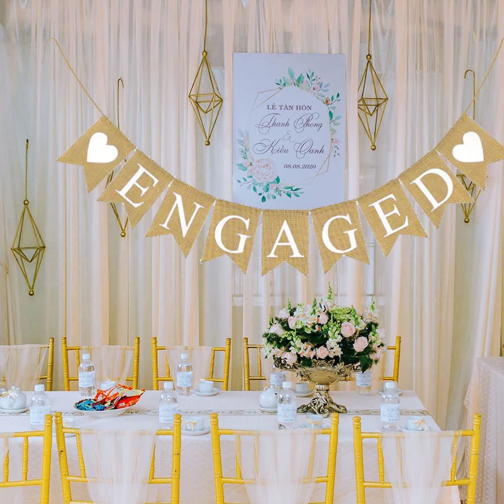 Engaged Burlap Banner Rustic Engagement Party Decorations Bunting Garland