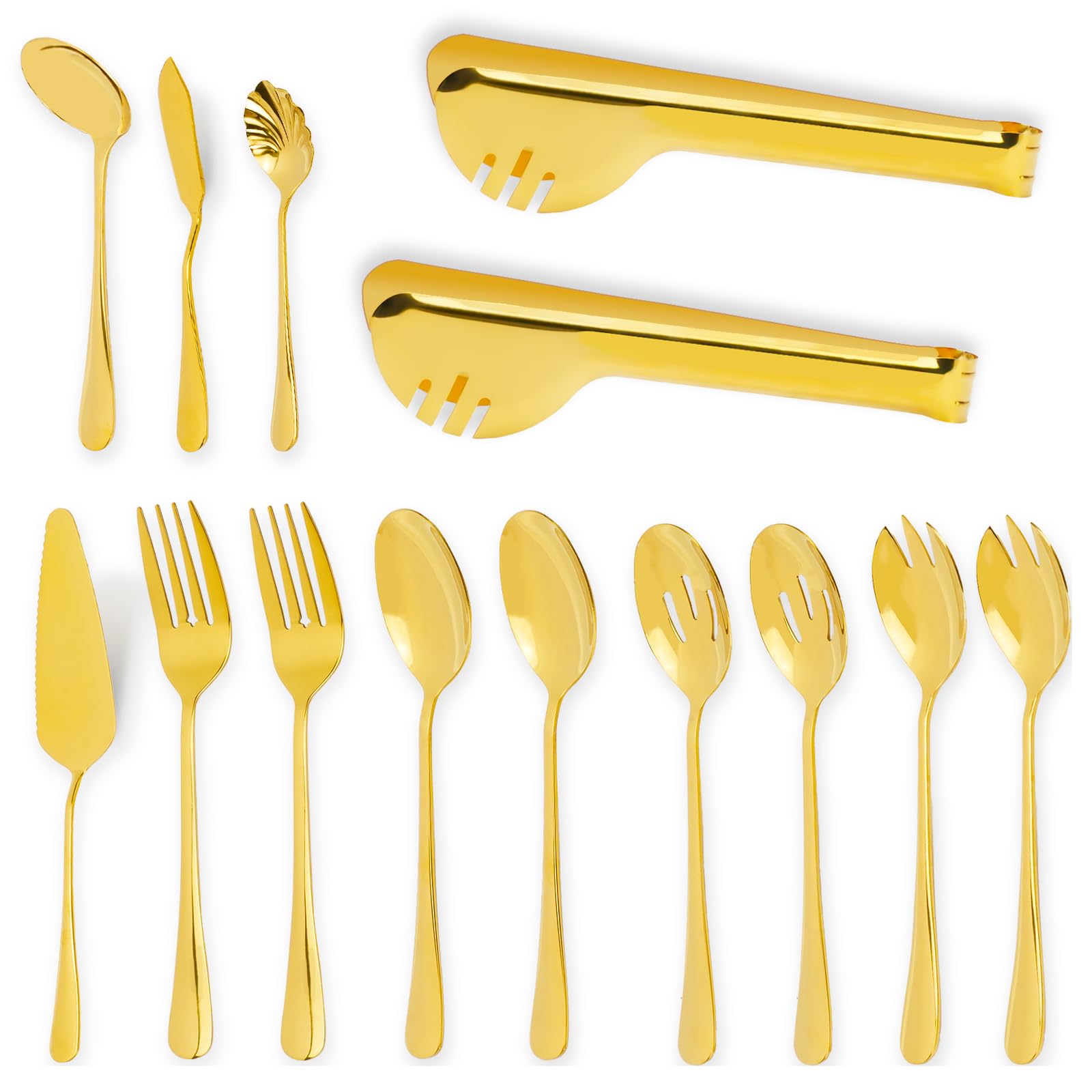 Set di posate dorate da 14 pezzi, in acciaio inox, grandi posate da insalata, mestolo da servizio, coltello da torta, forchette da torte, pinze da servizio, utensili da cucina, set per buffet