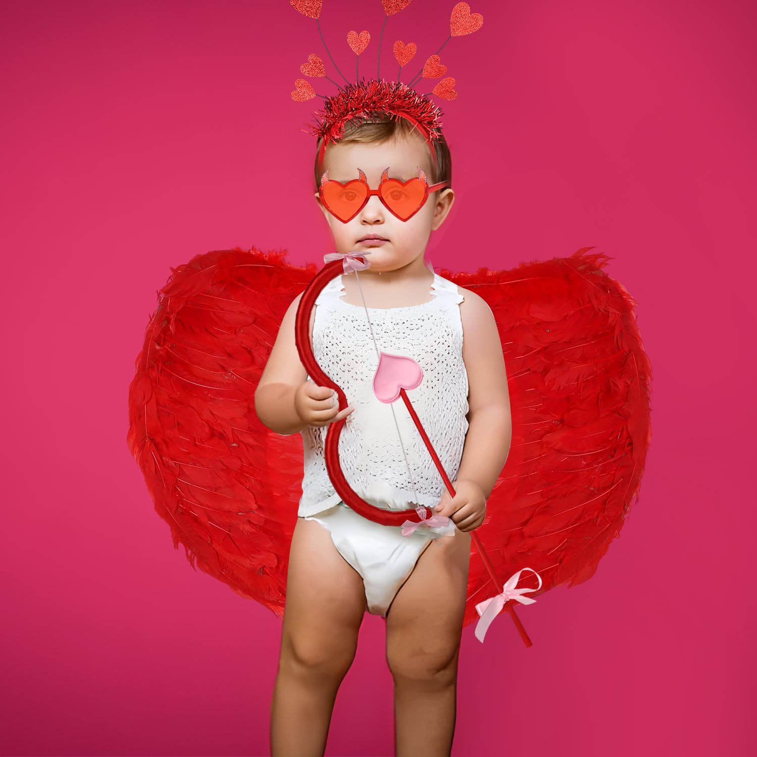 BOXOB 6pcs Valentines Day Costume for Cupid Costume Accessories Including Feather Wings, Cupid Bow and Arrow, Tutu - Image 4