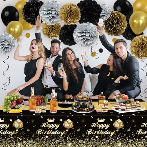 Image of 4 Pcs Black and Gold Party Tablecloths - Gold Black Birthday Decorations Tablecloth Rectangular Table Covers Birthday Table Decorations for Boy Girl, 51 x 86.6 Inch