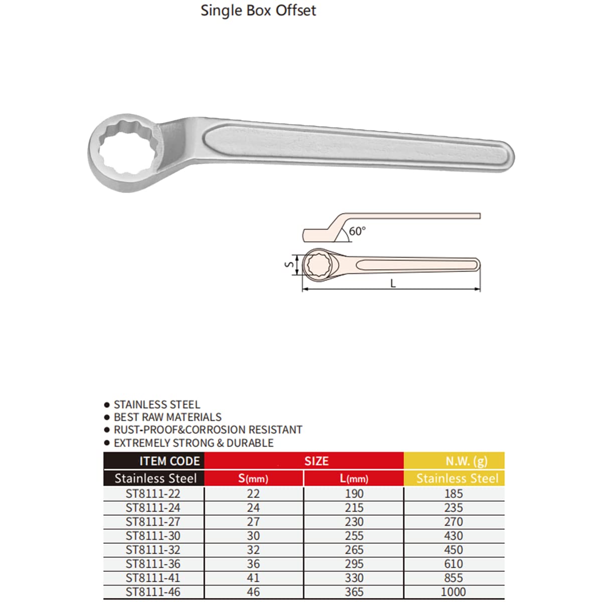 WEDO Stainless Single Box Offset Wrench 63 Degree,Corrosion Resistant,Rust Proof,Durable,Environmental friendly,27 * 230mm