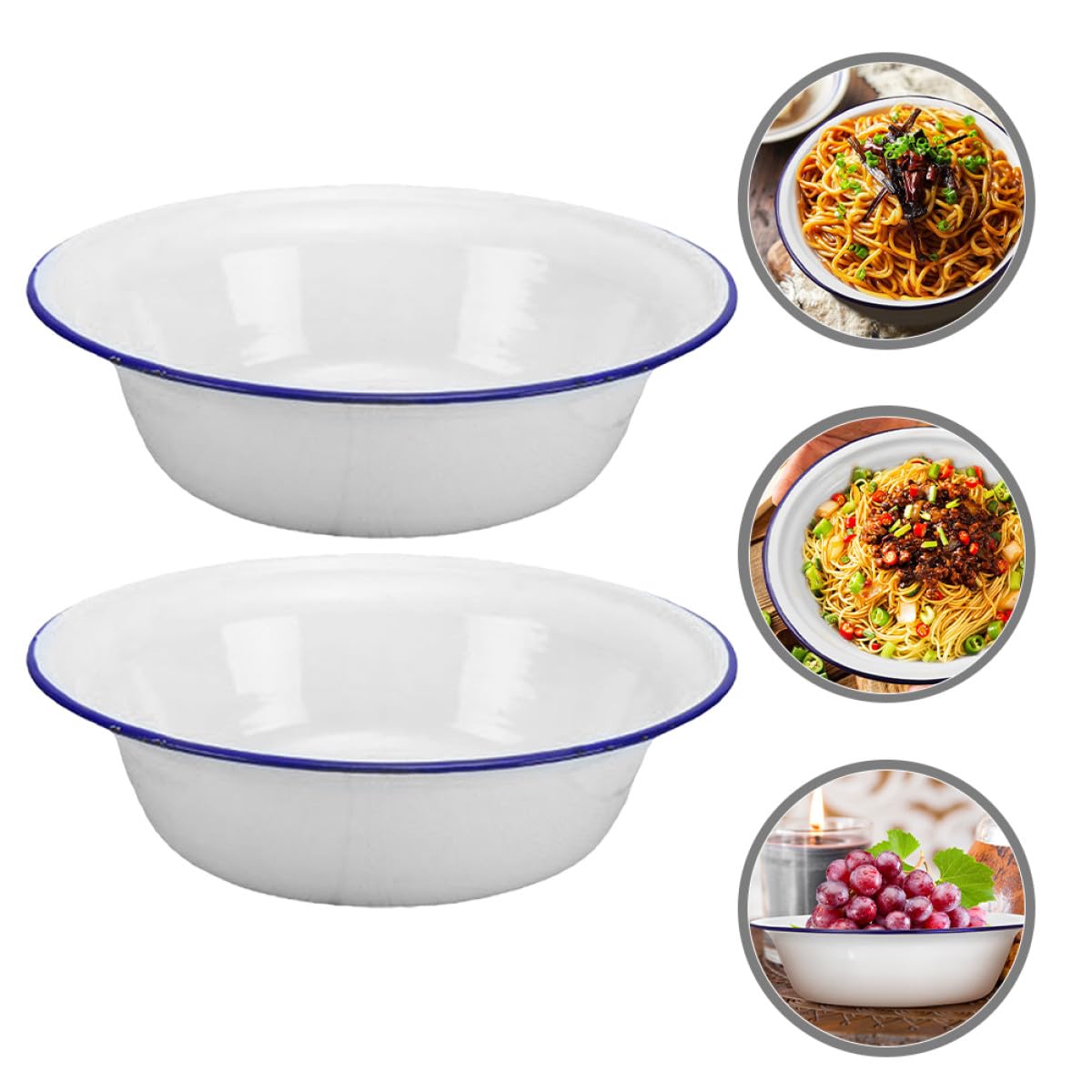 NUOBESTY 2 Stück Emailleschüsseln 22cm Weiß Tiefe Suppenschalen aus Robustem Emaille Schadstofffrei Spülmaschinengeeignet Vielseitig für Haushalt und Küche