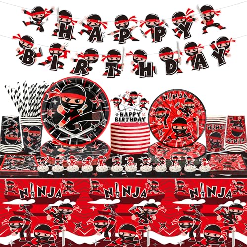 Ninja Birthday Party Decoration - Include Pattern Banner, Tablecloth, Plates, Napkins, Tableware, Karate Party Ninja Warrior Master Party Supplies for Boys Girls Baby Shower, Serves 20