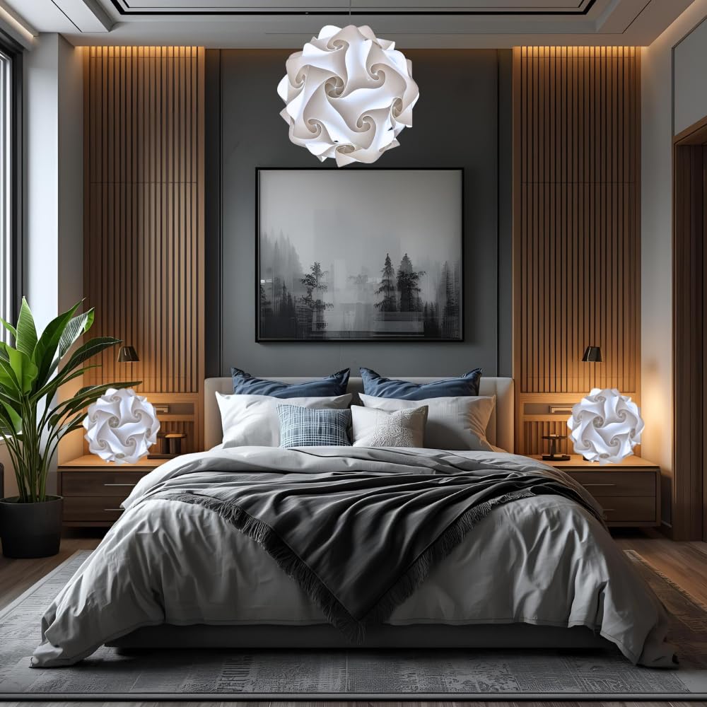 Lampadesign ® Set Lampadario e 2 lampade da comodino Camera da letto moderna Lampada a sospensione Sfera 35 cm e coppia abat jour stanza cameretta Lampadine Led luce fredda 17W e27 Filo bianco