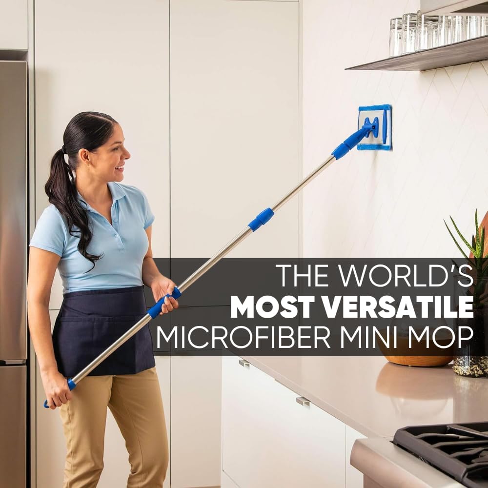 9" Flexible Mini Microfiber Mop System | Adjustable Stainless Steel Handle | 2 Reusable Microfiber Mop Pads | Machine Washable | Wet Mop for Hardwood, Laminate, Concrete, Tile, Stone, Vinyl Floors