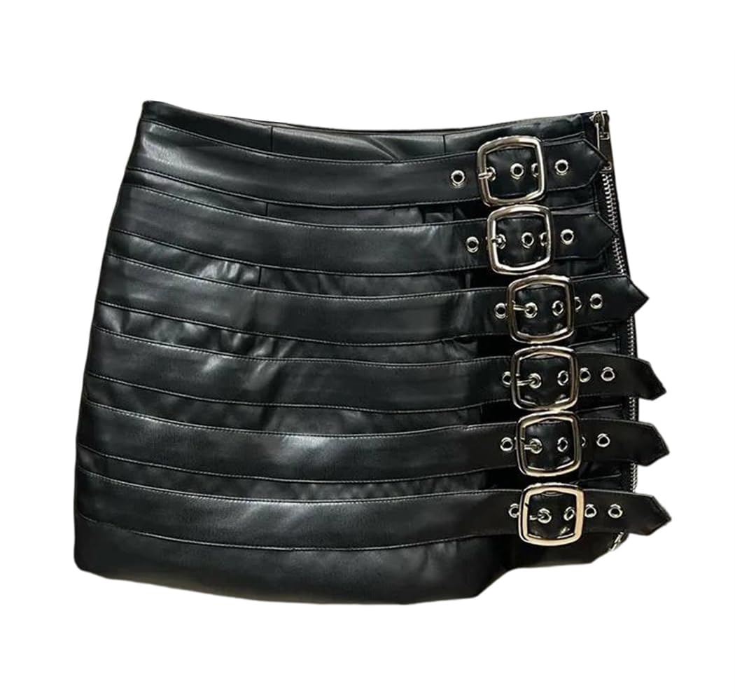 Womens Trendy Pu Leather Mini Skirt High Waist Multi Belt Wrap Hip Skirt Spring Fashion Sexy Party Casual