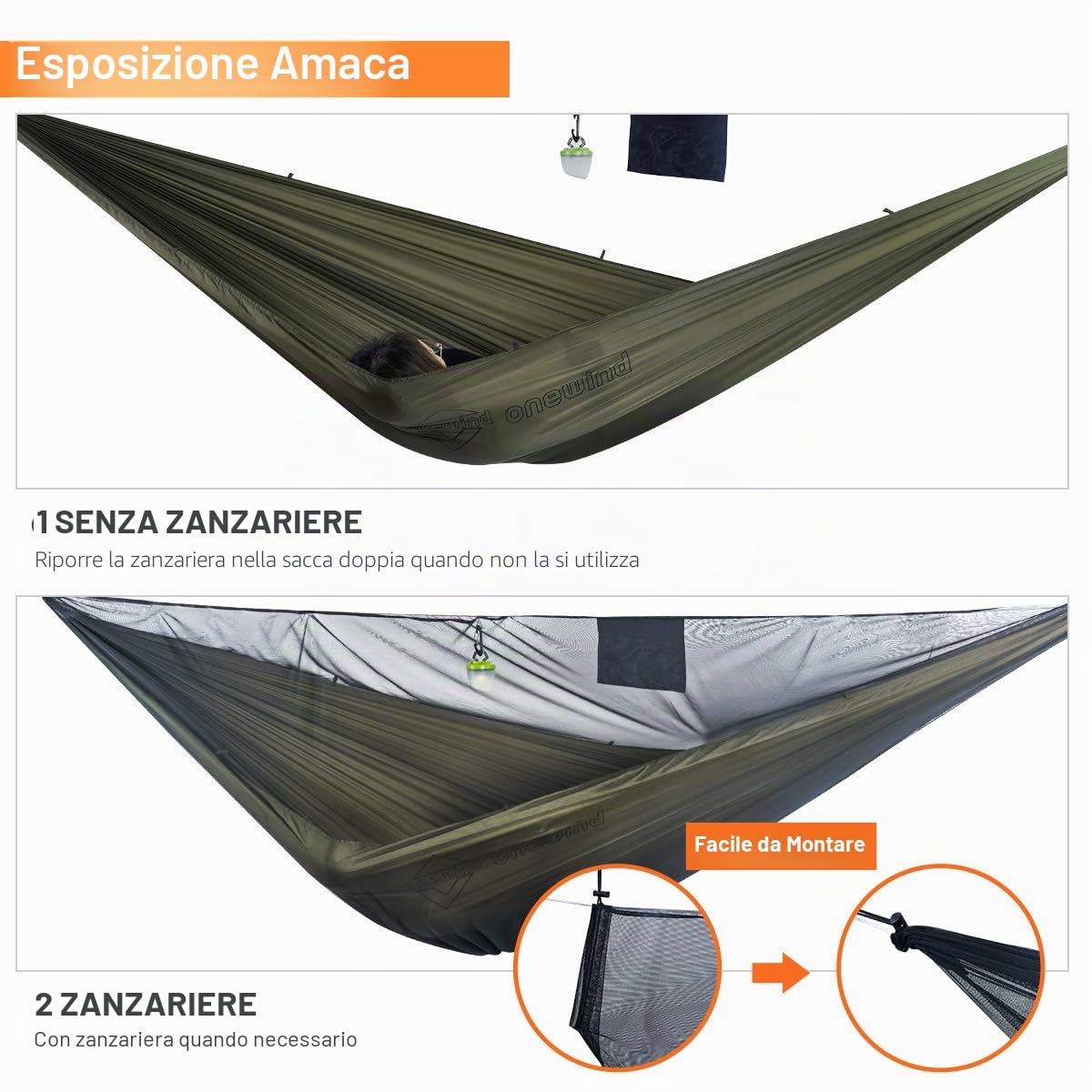 onewind Amaca da campeggio da 3,4 m con rete per insetti, doppia amaca portatile con zanzariera, amaca da zaino con rete regolabile Ridgeline cinghie per alberi per escursioni all'aperto, zaino in