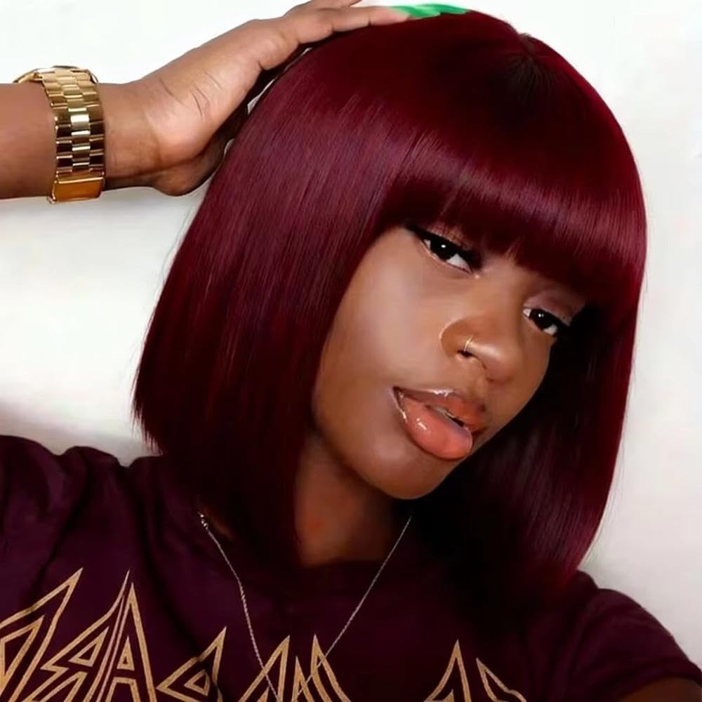 Haarpflege Rote Kurze Gerade Bob-Echthaarperücke Mit Pony Für Frauen