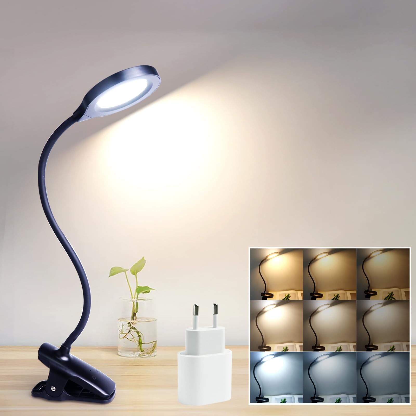 Akynite 36 LED Luz de Lectura Cama Recargable con Pinza, Adaptador incluido, 3 Colores y 3 Niveles de Brillo, Eye Caring Luz de Escritorio Táctil & Regulable, Lámpara Pinza Flexible, Negra