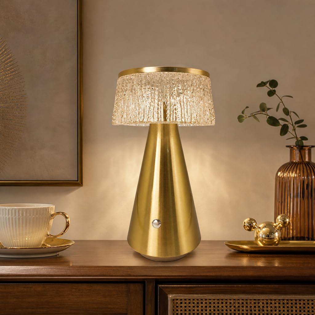 LED Pilzlampe Akku Tischlampe Kabellos Gold Tischleuchte | Dimmbar Touch USB Aufladbar Pilz Lampe Nachttischlampe Ohne Kabel 3000K-6000K Tragbare Nachtlicht Acryl Lampenschirm