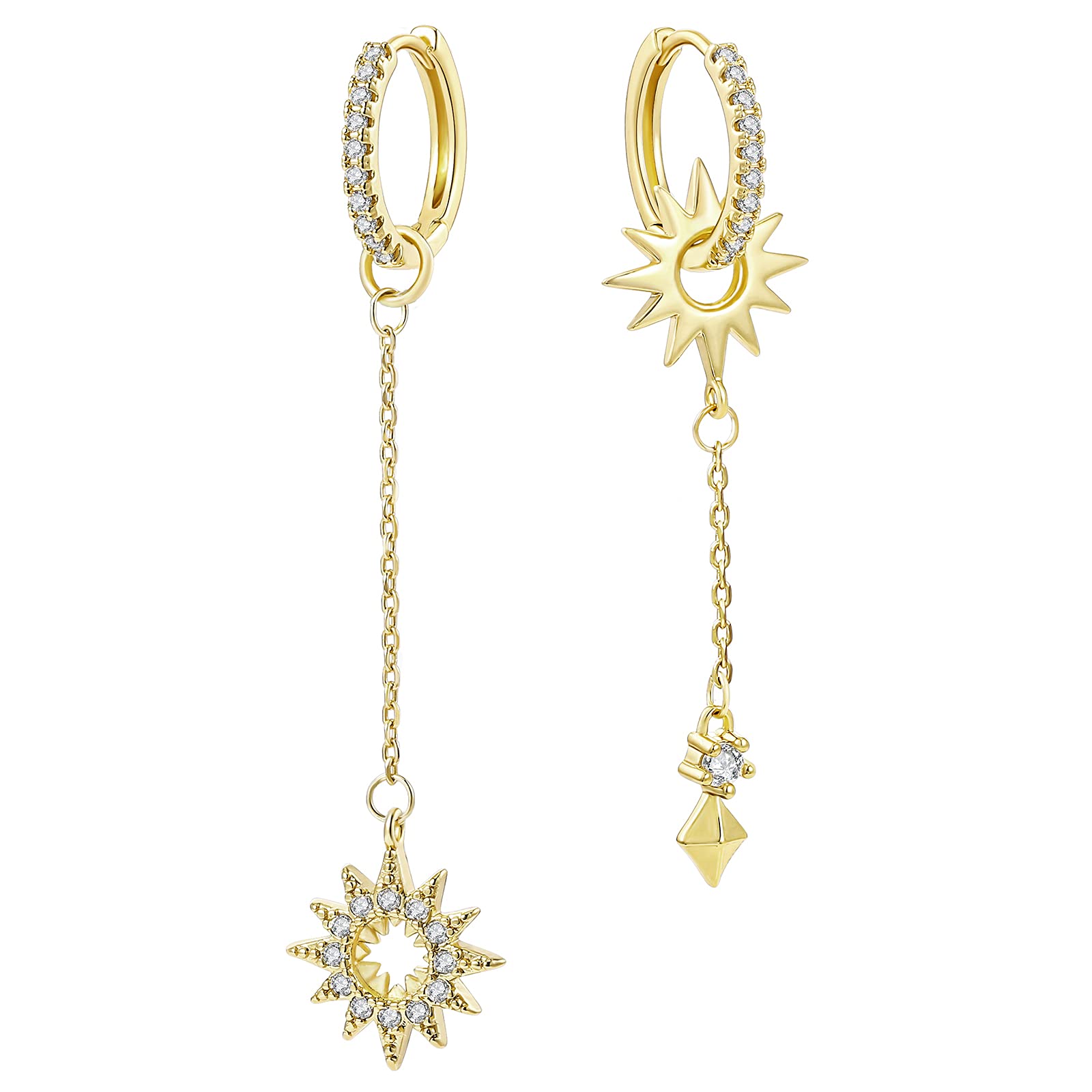JIANGYUESun and Star Chain Tassel Dangle Drop Hoop Earrings for Women Girls with Asymmetric Cubic Zirconia Huggie Earring Jewelry Gifts for Mom