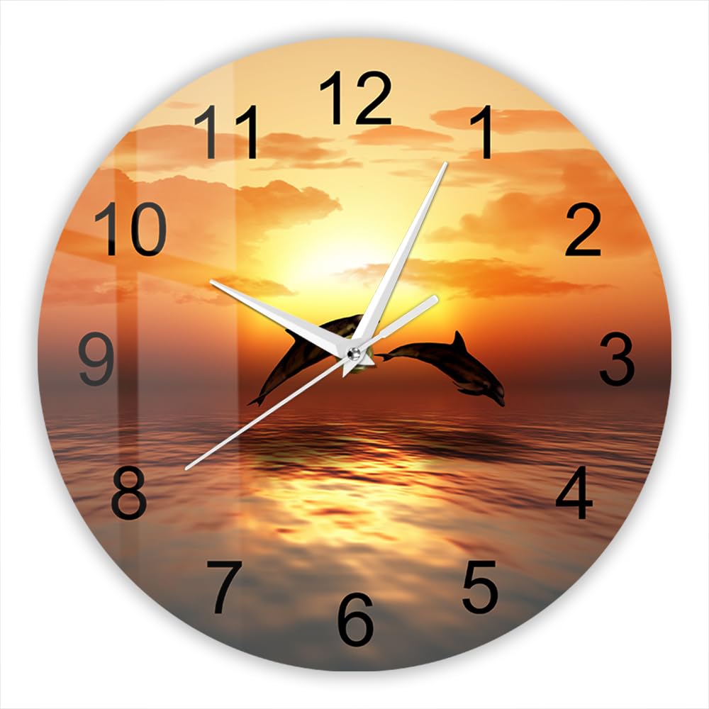 TIMEGLOW 12 Inch Dolphins Sunset Wall Clock, Coastal Nautical Beach Wall Watch Clock Silent Non Ticking Quartz Battery Operated Round Wall Clock Easy to Read for Bedroom Kitchen Farmhouse Bathroom