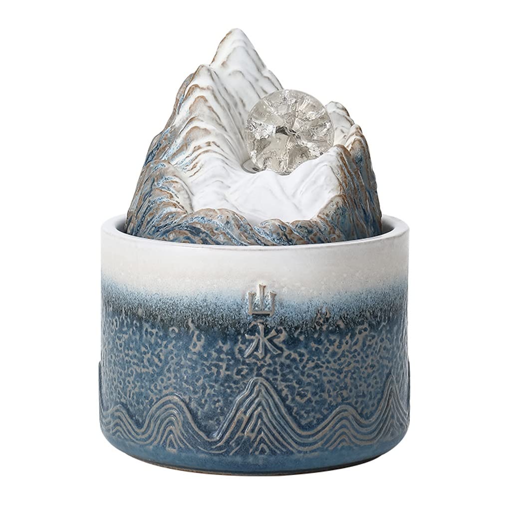 Fontana Da Tavolo In Ceramica Blu A Cascata Con Pompa Silenziosa, 19x15x12 Cm, Per Ufficio, Soggiorno E Relax