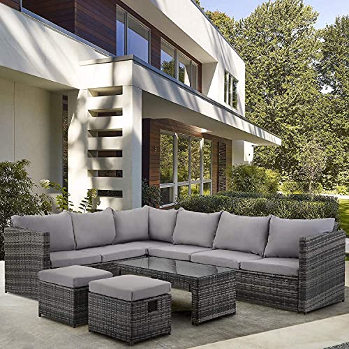MOWIN 9 Seater Luxury Rattan Garden Furniture Set Outdoor Modular Corner Sofa Coffee Table and 2 Stools All weather PE Wicker Rattan Steel Frame Patio Conservatory Lounge Furniture Set - Grey
