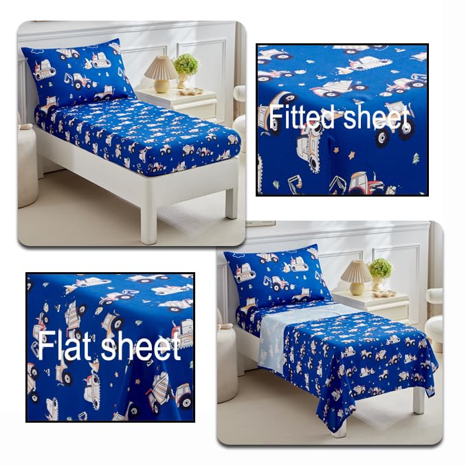 Image of Construction Toddler Bedding Set for Boys,4 Pieces Blue Toddler Comforter Set,Truck Vehicles Excavator Cars Printed,Soft Crib Bed Sheets Set Includes Comforter,Flat Sheet,Fitted Sheet and Pillowcase