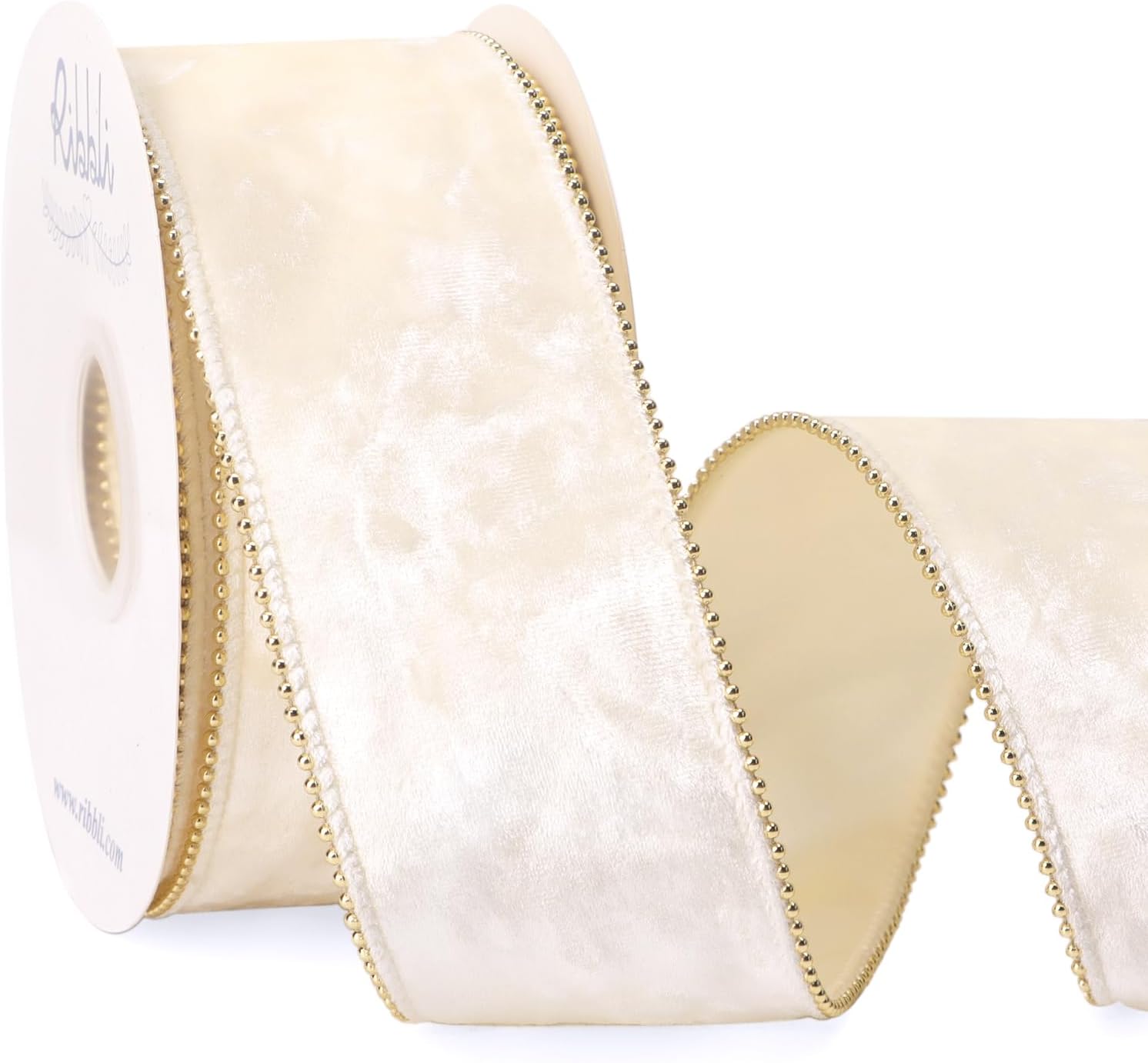 Ribbli Camel Crushed Velvet Wired Ribbon with Beaded Pearl Edge, 2-1/2 Inch 10-Yard for Gift Wrapping Christmas Tree Decoration Crafts Wreaths Supplies