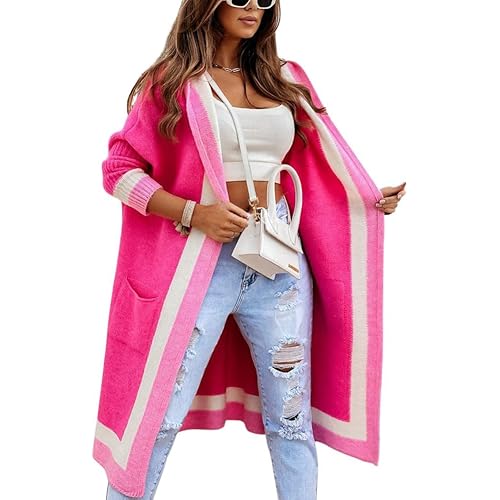 chouyatou Women's Color Block Vertical Striped Open Front Oversized Hooded Long Cardigan Sweaters with Pockets