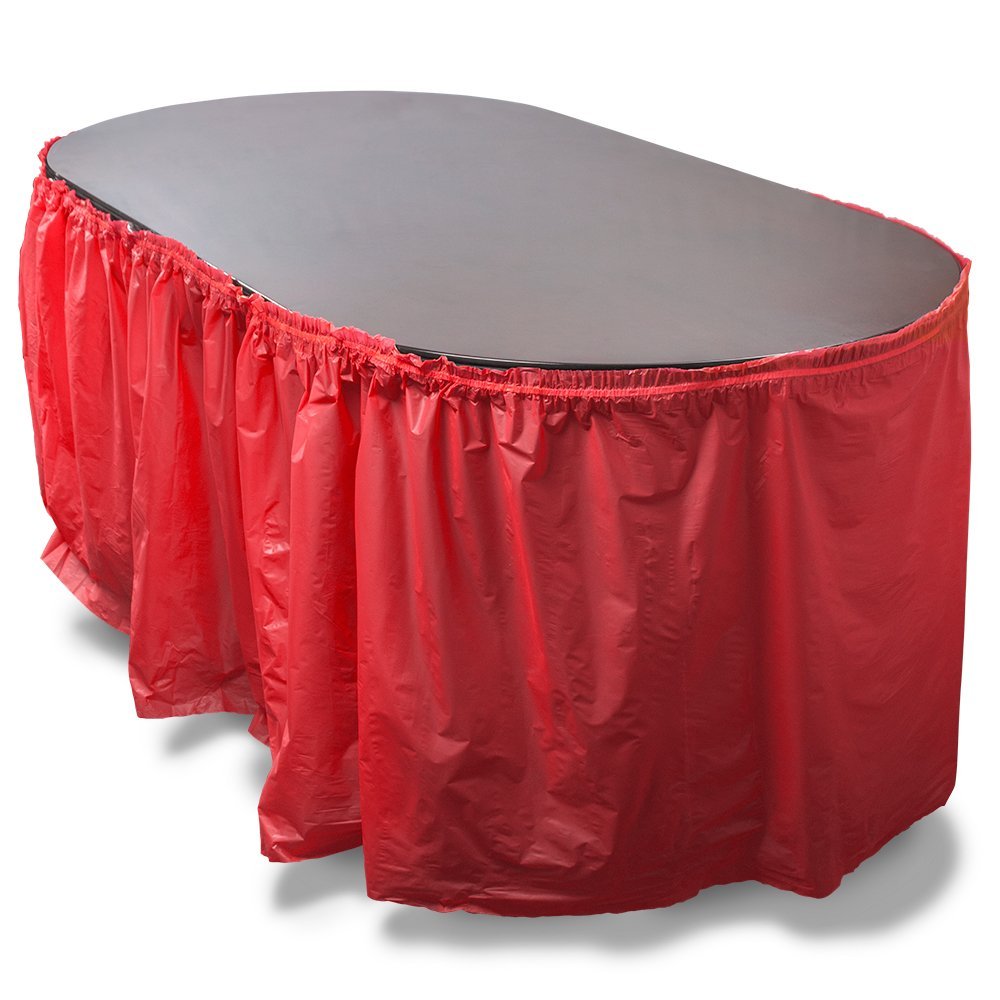 Pudgy Pedro's 14’ Reusable Plastic Table Skirt, Extends to over 20 Party Supplies (Red), 14'