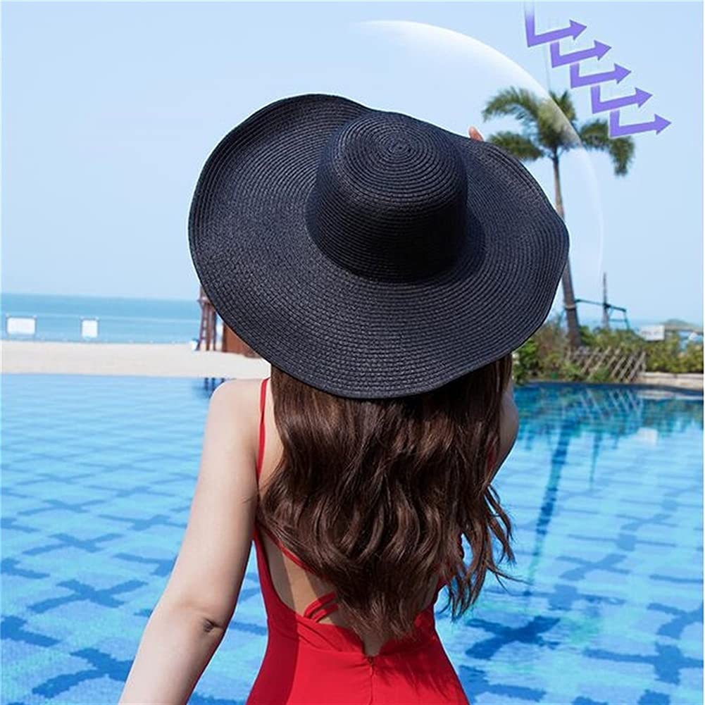 Sombreros de Mujer, Gorro de Verano Negro, Gorro de Playa, Sombrero de Paja, 56-58 cm (código M)