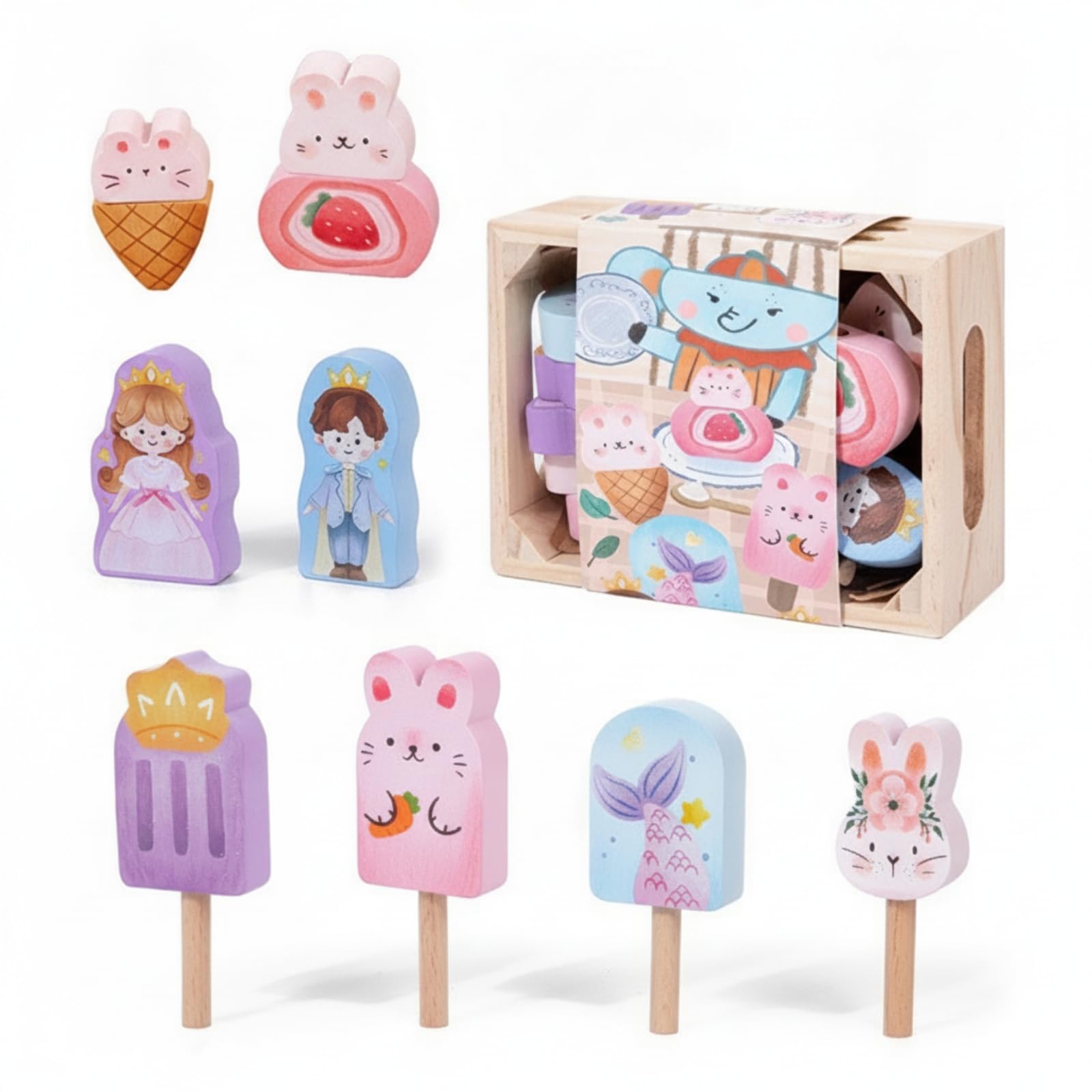 Sharplace Children Kitchen Playthin Kit de Alimentos de Madera Juguete de Cocina para Niños Caja Sólida con Tapa Ilustrada Cuchillo Juguete Piezas de Comida, Postres