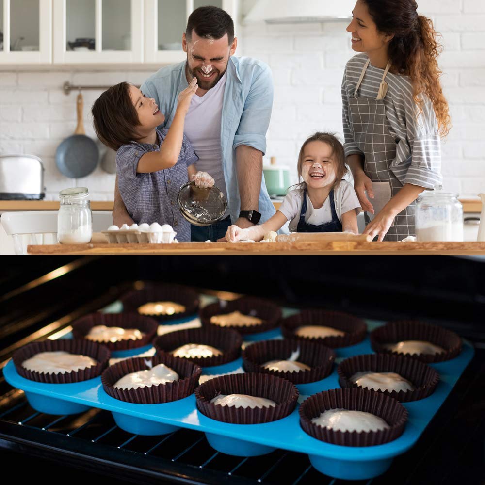 Silikon Muffinform Set - Regular 12 Tassen und Mini 24 Tassen Muffin Cupcake Backform, Cupcakes, Lebensmittelqualität Silikon Muffinformen mit 1 Silikon Spatel & 1 Ölpinsel (Blau)