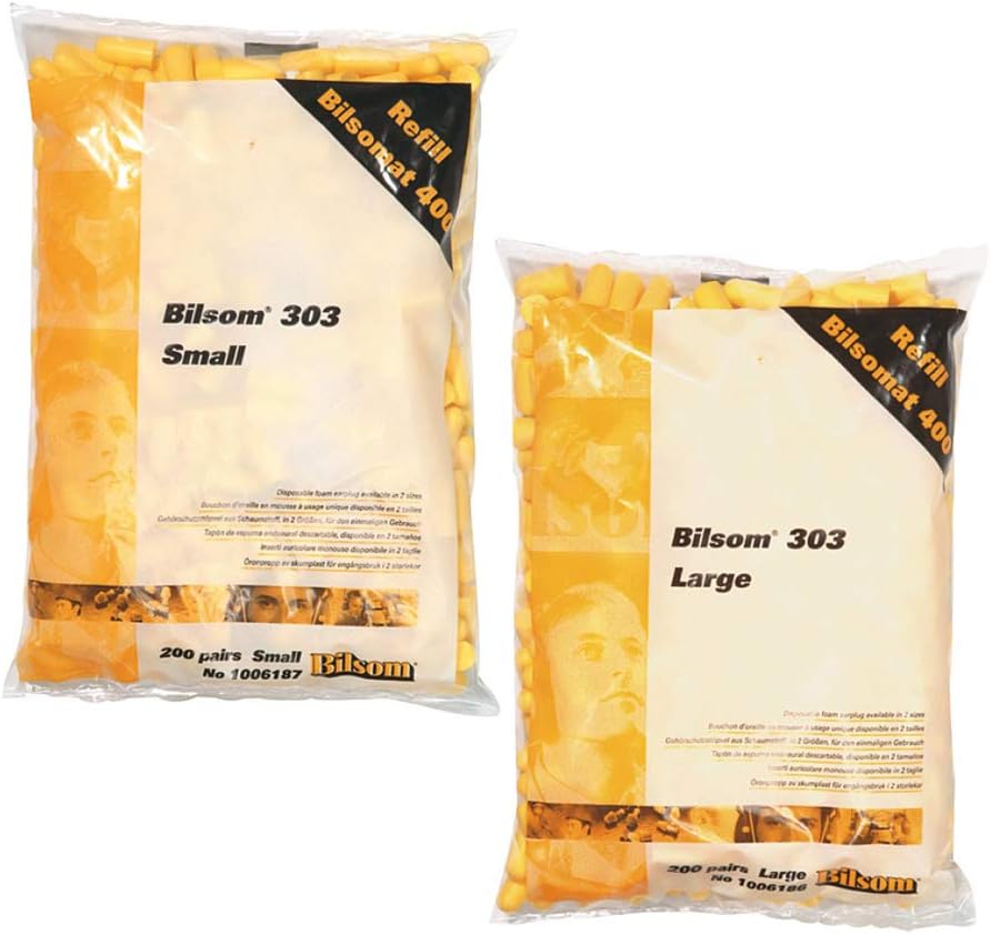 Bilsom 303L Single-Use Foam Earplugs Refill Pack, Yellow, Bullet Shape, Uncorded, SNR 33 dB, Size Large, 1006186 (BAG with 200 Pairs)