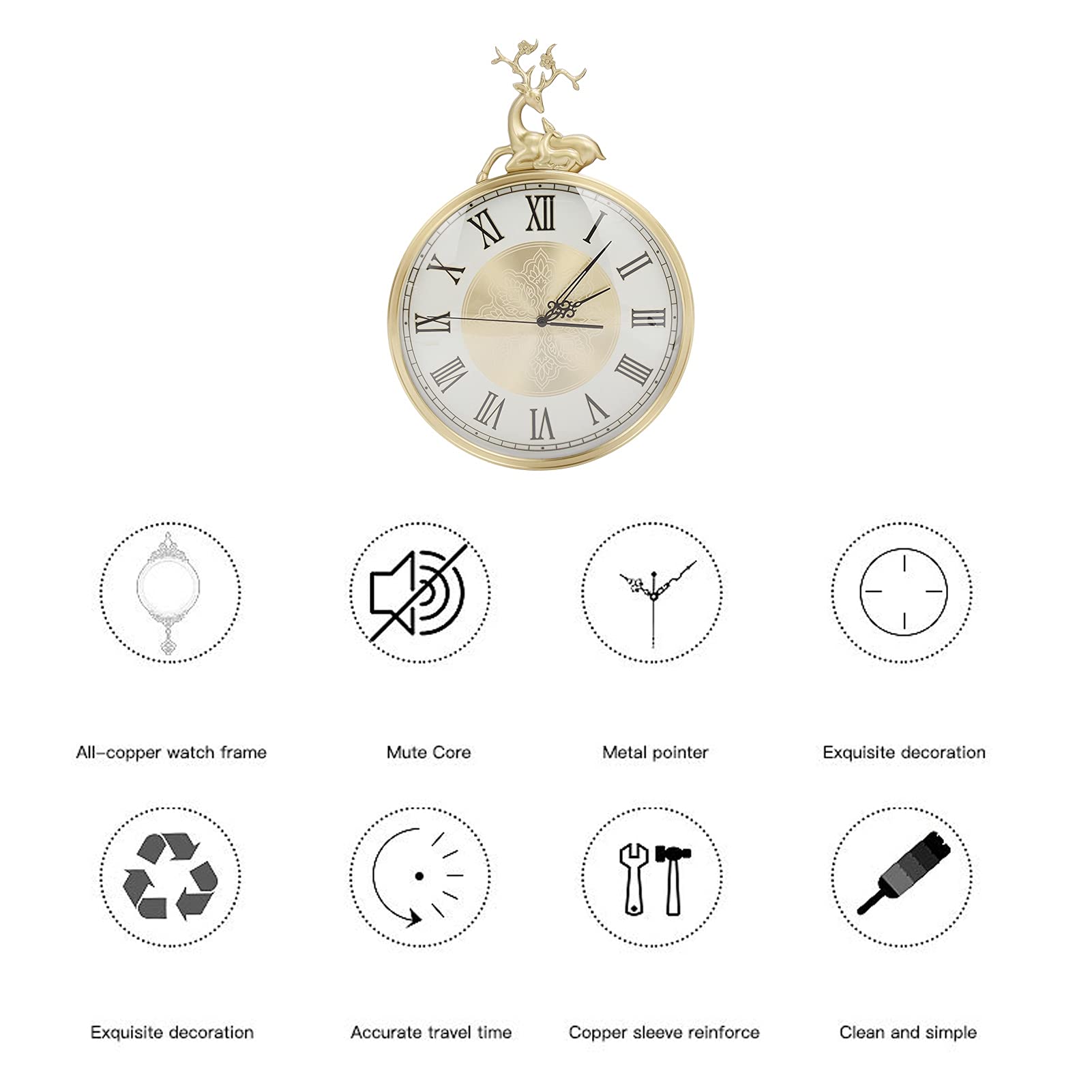 VBESTLIFE Reloj De Decoración De Estilo Europeo, Lujoso Sentido Artístico Sin Tictac, Reloj Redondo Retro De Cobre Puro con Pilas, Ideal para La Decoración del Hogar