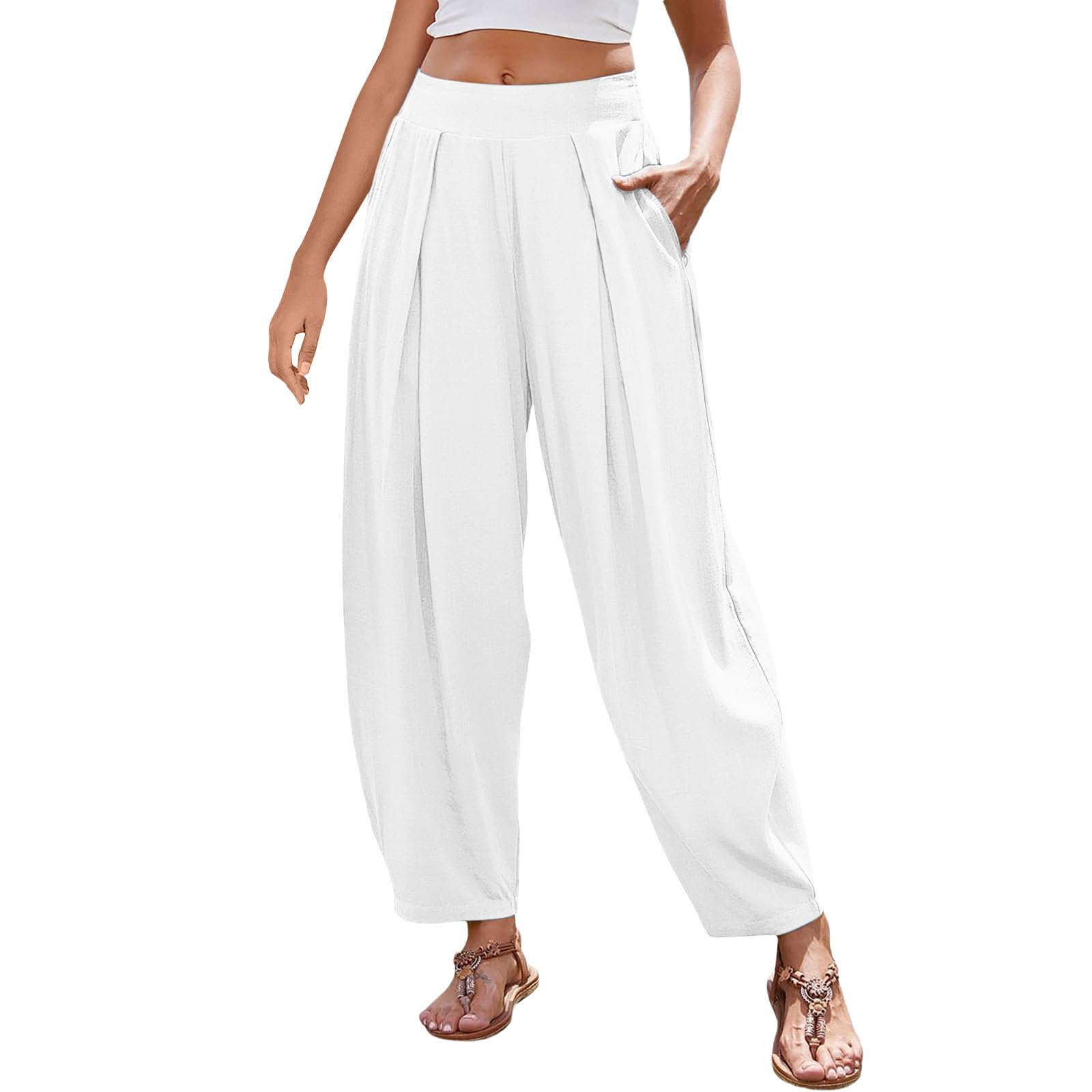 Womens Casual Cotton Linen Harem Pants Trendy High Waised Palazzo Boho Pants with Pockets Summer Vacation Trousers
