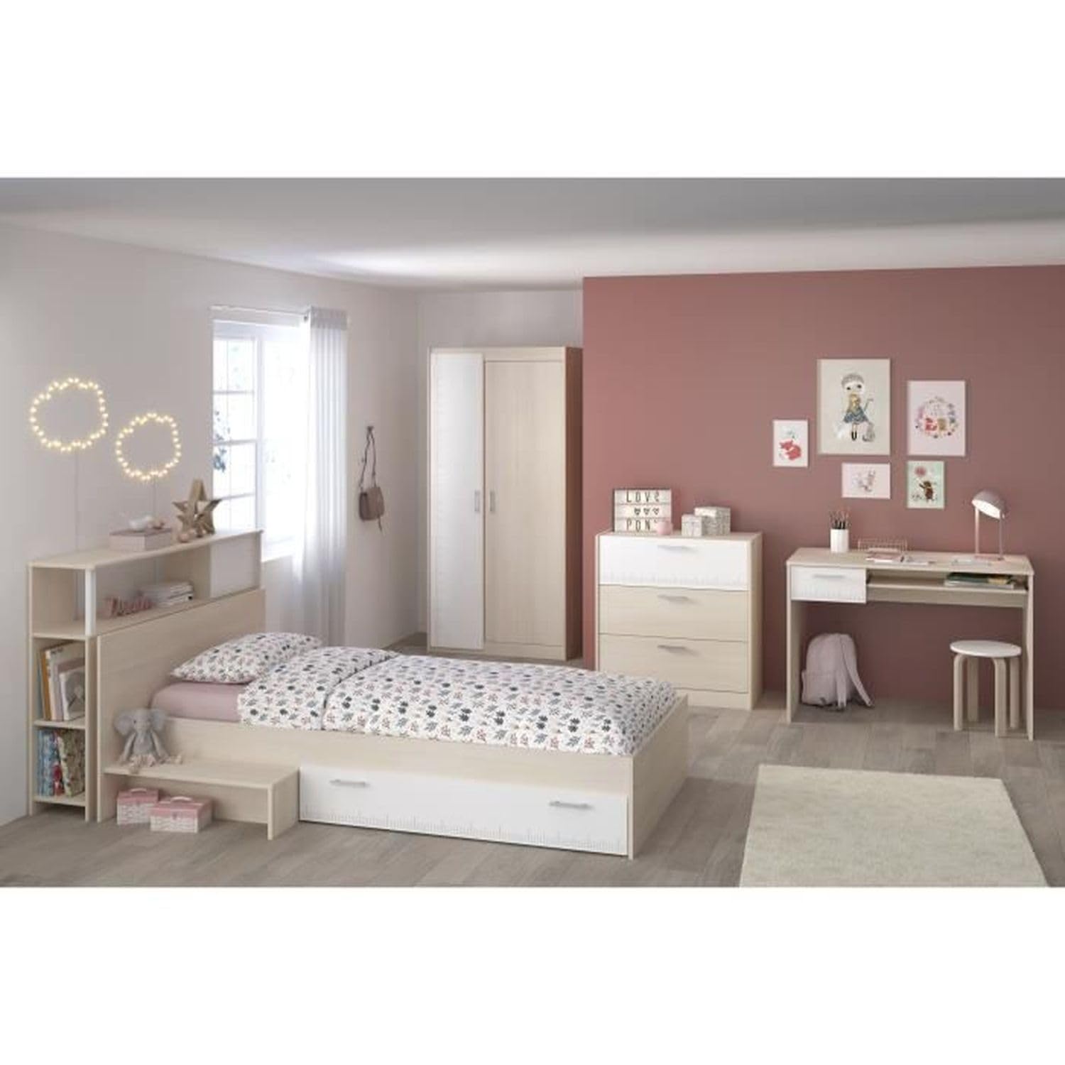 Générique CHARLEMAGNE Chambre Enfant Complete - Tete de lit + lit + Commode + Armoire + Bureau - Contemporain - Décor Acacia Clair et b…