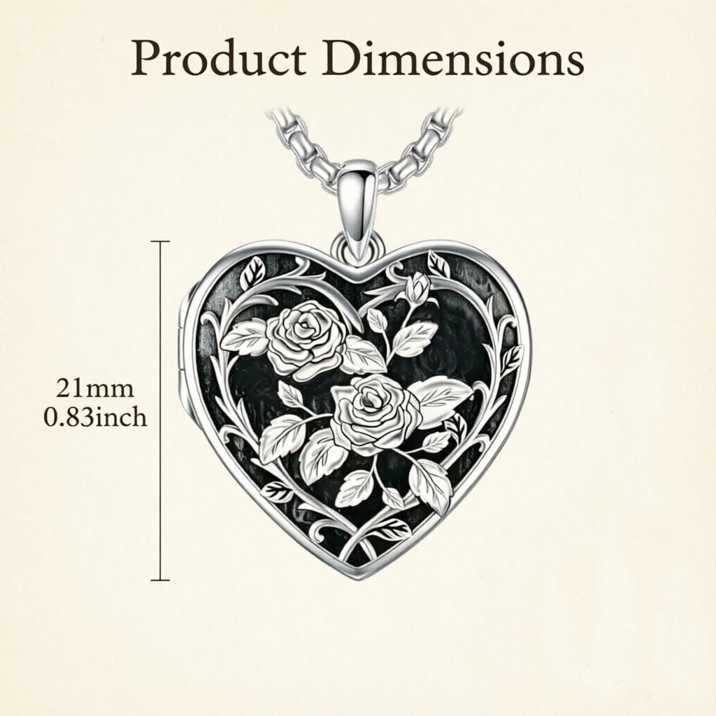 Locket Necklace 18K White Gold Plated Rose Heart Locket Necklace that Holds Pictures Flower Memorial Jewelry Gifts for Women