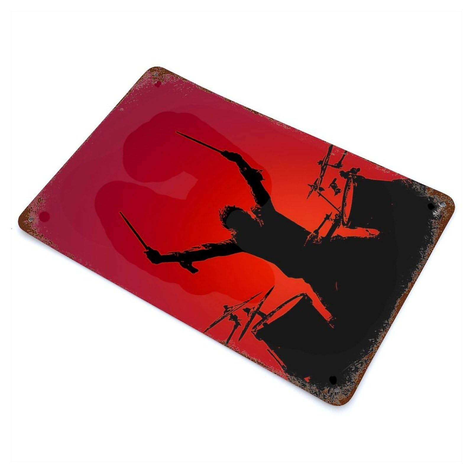 Vintage Rust Metal Sign with Rock Drummer Silhouette – Red Energy Design 11.8"x7.9", for Shed, Workshop And Garage Wall Decor, Retro Wall Decor