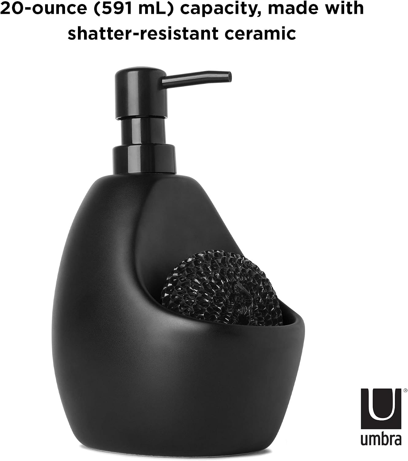 Umbra Joey, Matte Ceramic Liquid Soap Dispenser with Sponge Caddy, Ideal for Kitchen or Bathroom Use, Black