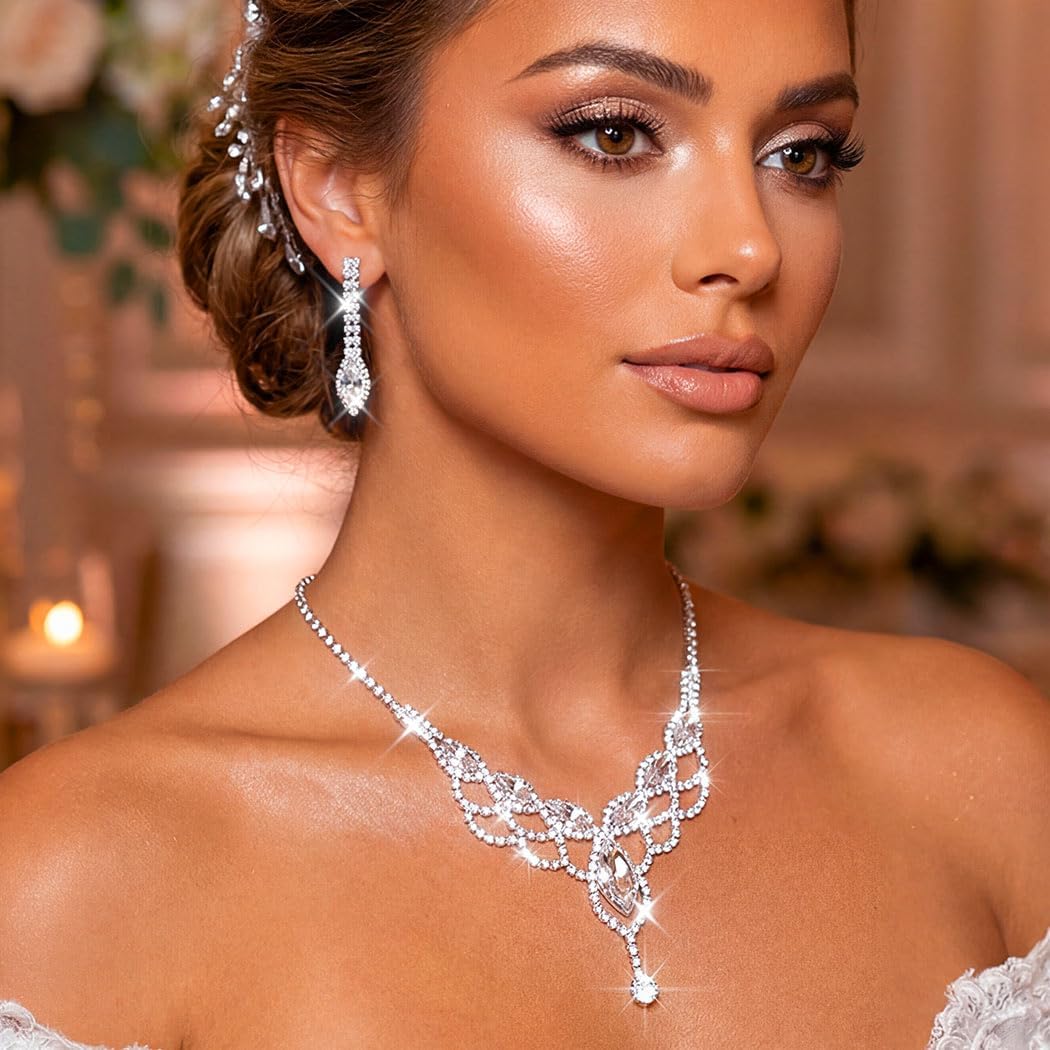 Aukmla Bridal Wedding Jewelry Set Rhinestones Necklaces Earrings Crystal Prom Jewelry for Women and Brides - Image 3