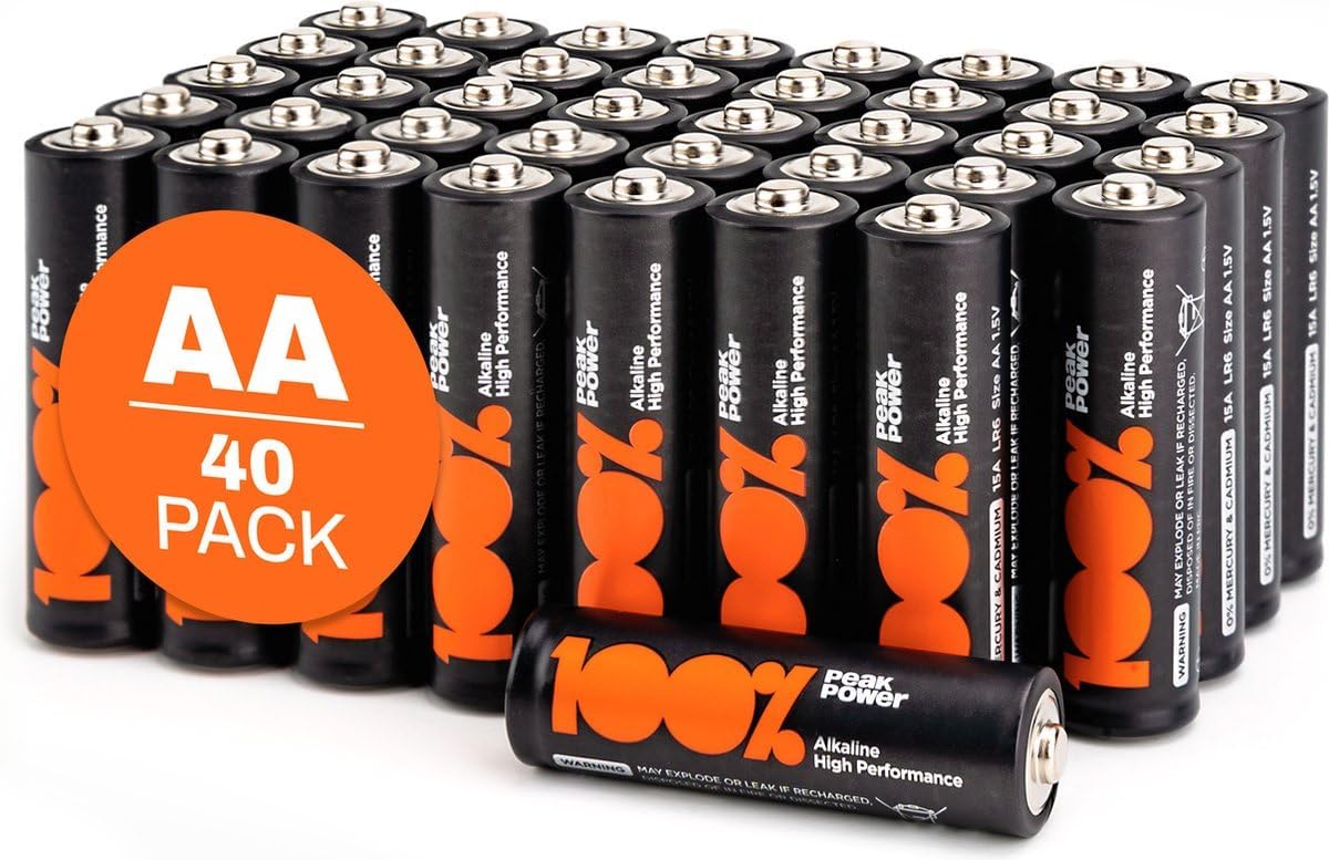 AA 1.5v Batteries Pack of 40 100 PeakPower High Performance Alkaline Double A / LR06