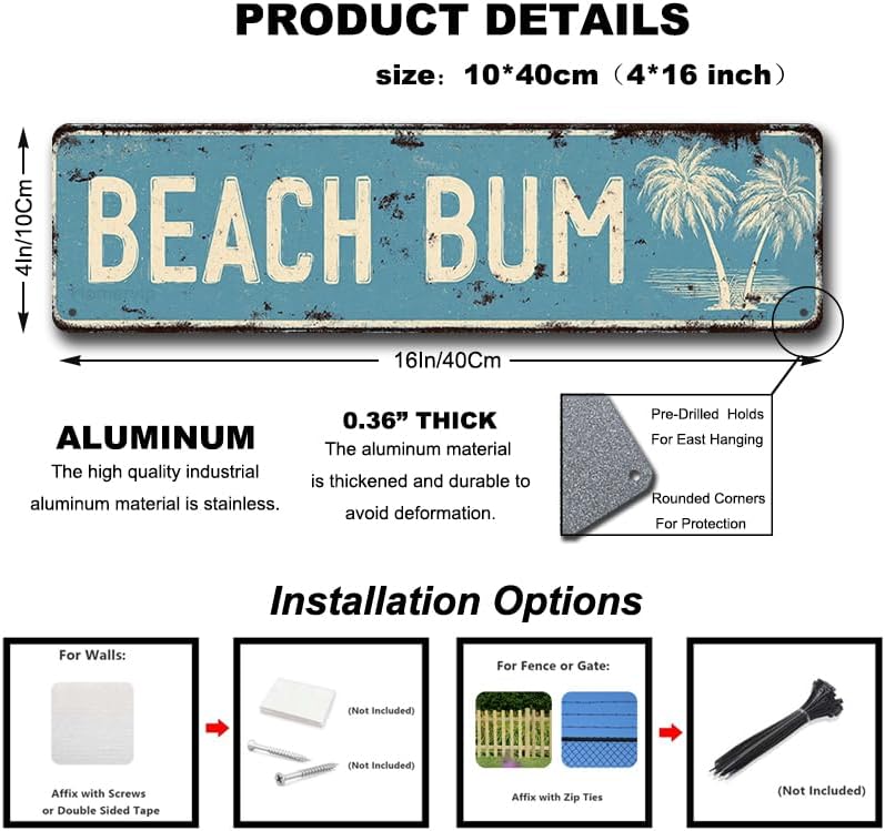 Decorative Tin Sign BEACH BUM Palm Tree Ocean Distressed Coastal Nautical Metal Wall Art 100% Aluminum Rustproof Corrosion Resistant for Beach House Pool Area and Coastal Themed H 4*16Inches image 2