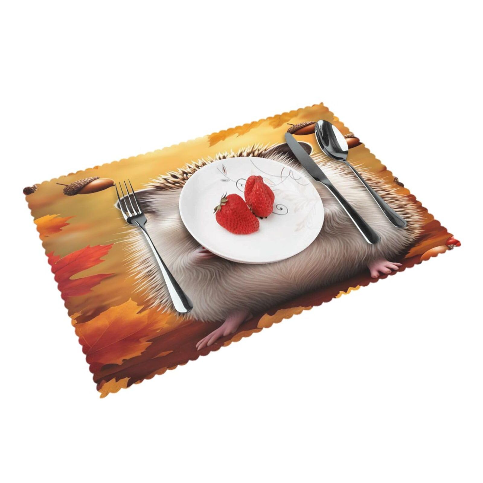 Autumn Hedgehog Berries Placemats Set of 4 Print Table Mats Place Mats Table Decor for Kitchen Dining 12X18 in