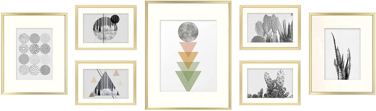 Golden State Art, Set of 7, Aluminum Photo Frame with Ivory Color Mat & Real Glass, Metal Wall Photo Frame Collection (Gold)