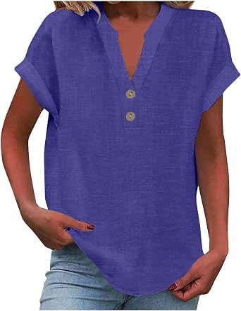 Summer Tops for Women 2025 Trendy Short Sleeve Cotton Linen Shirt Casual Button v Neck Tunic Blouses Outfits