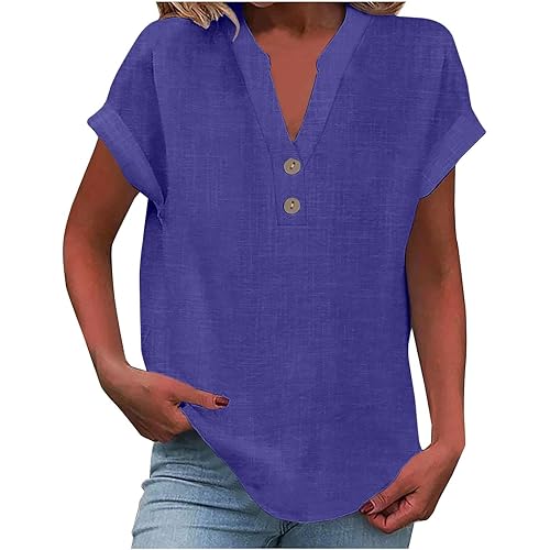 Linen Shirt for Women Summer Button Down Short Sleeve V Neck Tops Solid Color Comfy Blouses Casual Dressy Tunic Tees
