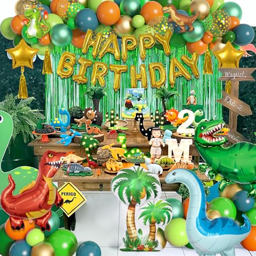 Image of Ouddy Life Dinosaur Balloons Birthday Party Decorations Fringe Curtain | 123Pcs Green Orange Blue Happy Birthday Dino Foil Balloons Garland Arch Kit for Boys Jungle Safari Baby Shower Party Supplies