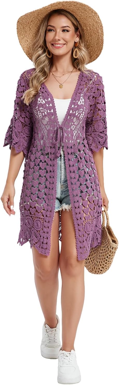 Women's Hollow Out Lace Kimono Short Sleeve Crochet Cardigan Cover up - Image 6