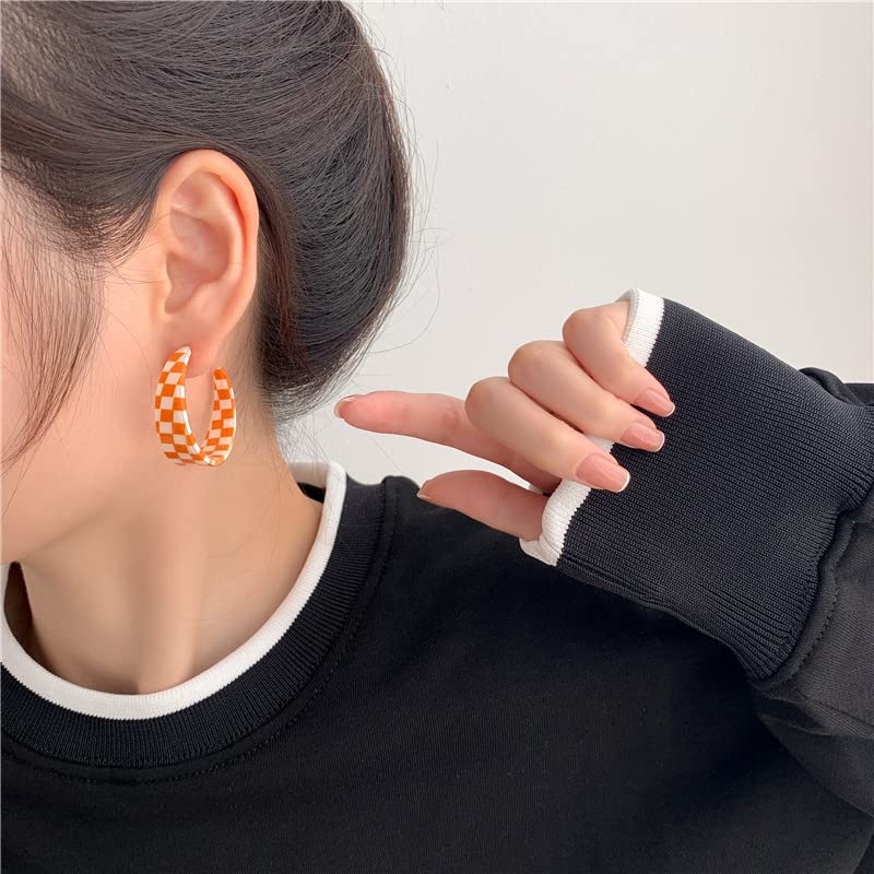 Vintage Minimalist 80s C Shaped Acrylic Dangle Earrings Lightweight Geometric Black White Plaid Hoop Earrings Colorful Chunky Big Earrings Statement Jewelry Gifts for Women2