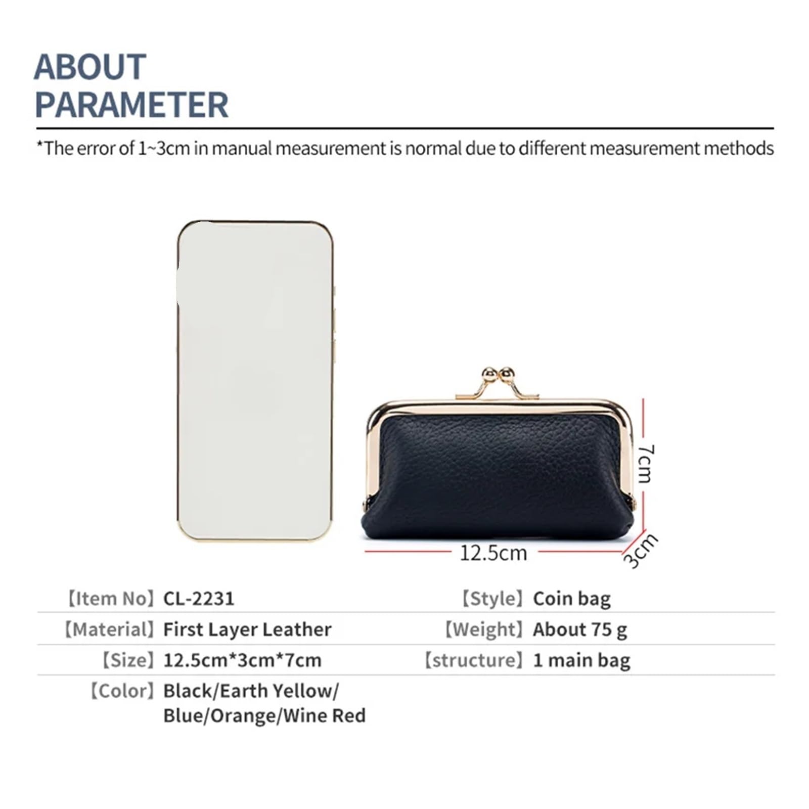 Mini Monedero con Clip de Bloqueo, Bolso de Almacenamiento portátil de Mano for niñas, Bolso Simple de Cuero Genuino de Color sólido for Llaves