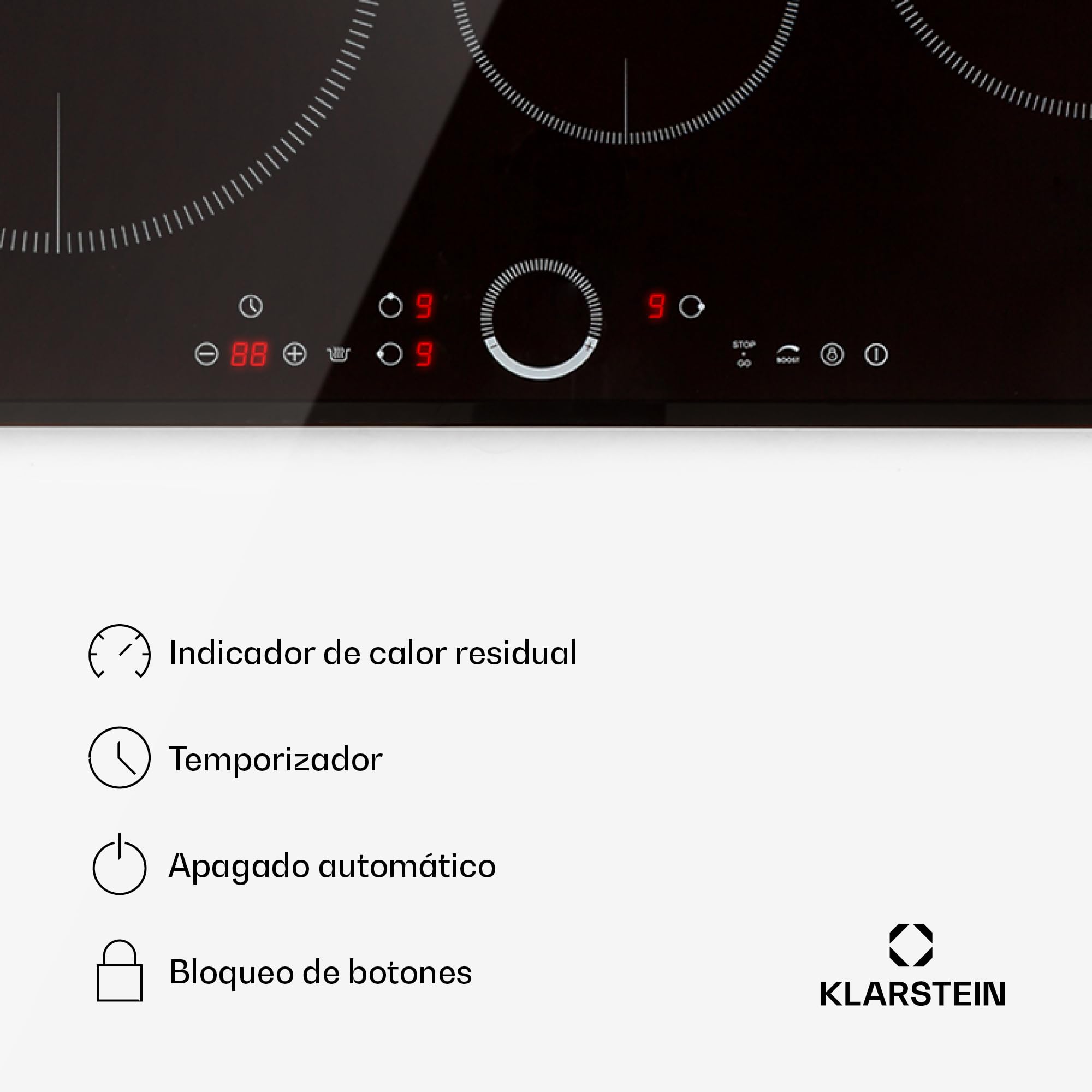 Klarstein Placa Induccion Eléctrica, 5800W, Vitrocerámica Inducción Eléctrica de 3 Fuegos, Placas de Cocción de Sobremesa, Control Táctil, Placas de Cocción de Inducción, Eléctricas para Cocinar
