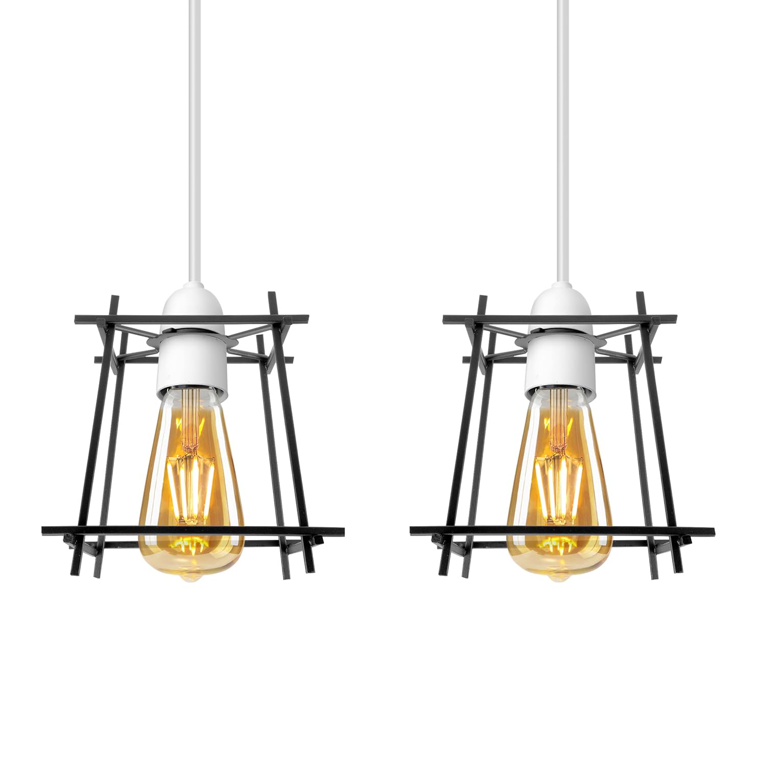 LEDSone Black Industrial Wire Cage Lampshade 2 Pack Metal Geometric Pendant Light Shade Easy Fit Ceiling Lamp Shade Vintage Hanging Light for Kitchen Ceiling Lights Living Room Bedroom and Hallway