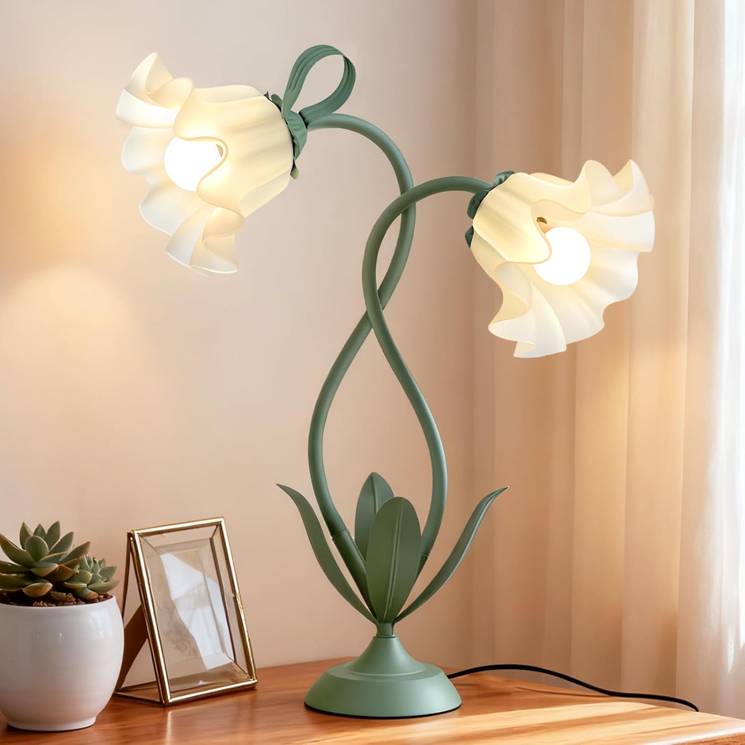 Flower Desk Lamp, Vintage Bedside Table Lamp for Bedroom, Flexible LED Reading Light with 3 Color Modes and Clamp, Unique Aesthetic Home Living Room Decor Dorm Essentials Valentines Day Gifts(Green)