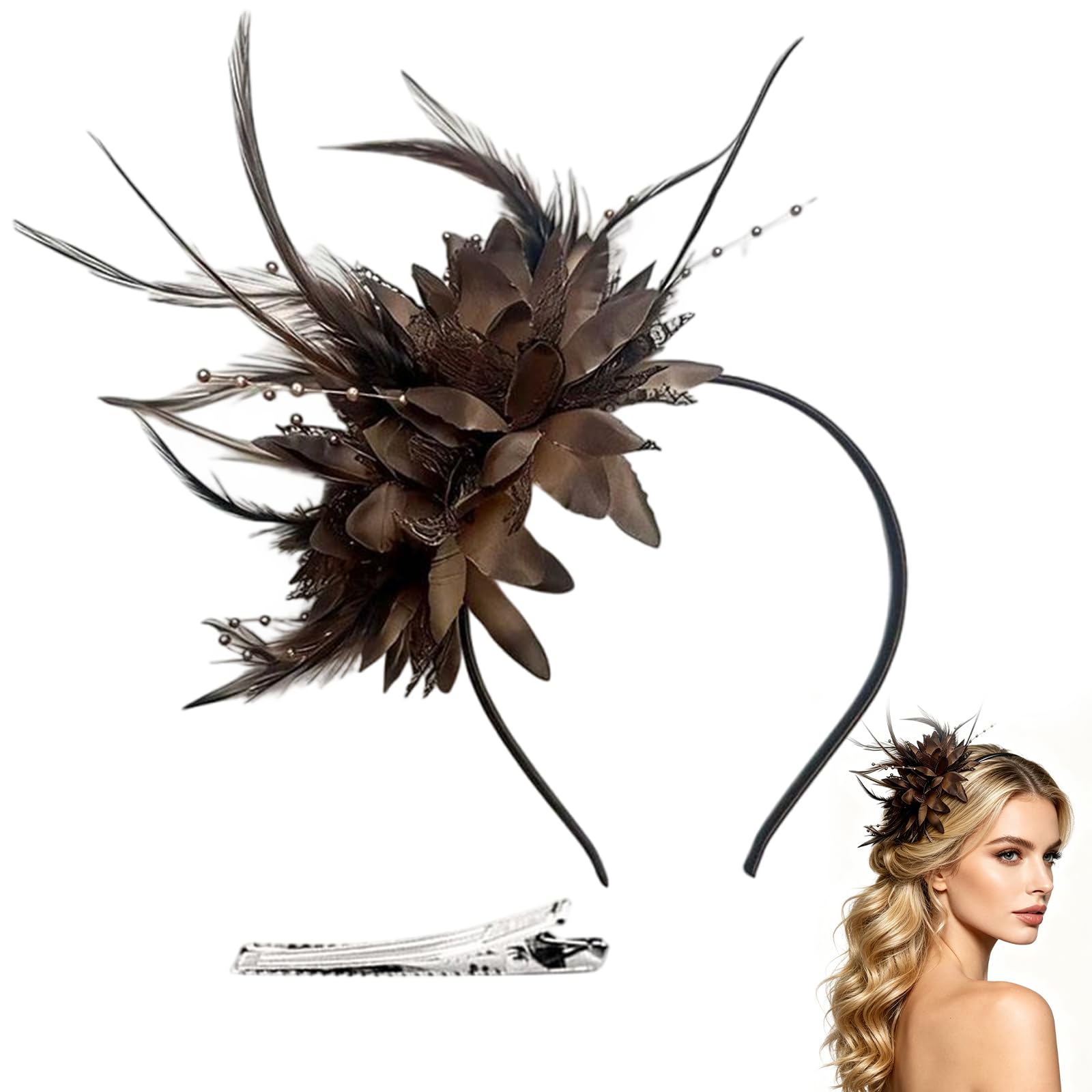 Feather Pearl Veil Headband with a Forked Clip for Girls & Women, Fascinators Hat Flower Mesh Ribbons Feathers on a Headband Tea Party Headwear for Wedding Cocktail Dresses Accessories (Coffee)