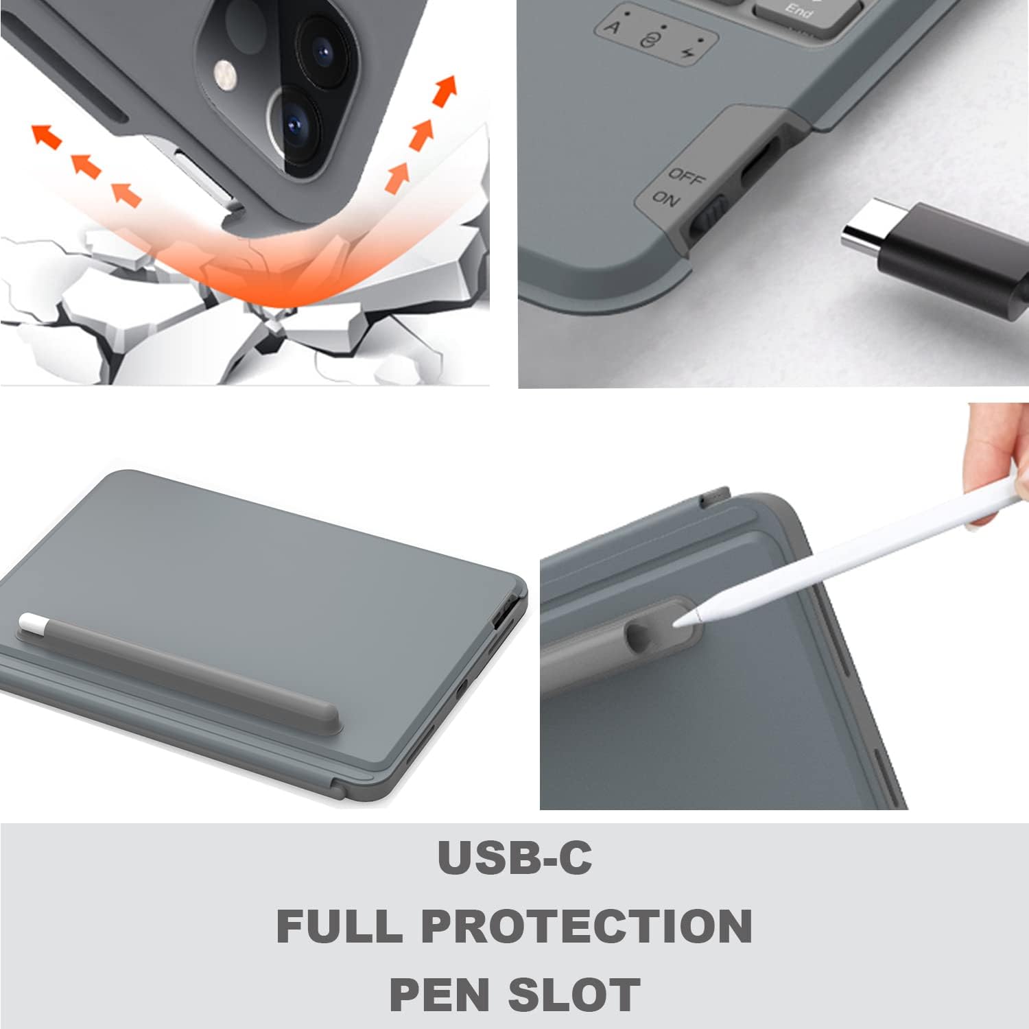 Images showing the USB-C charging port, full protection design, and integrated pen slot for Apple Pencil.
