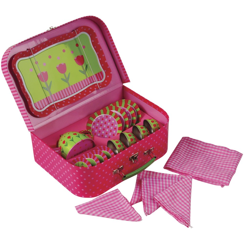 Constructive Playthings 20 pc. Take-Along Tin Tea Set Service for 4 Including Tray, Tea Pot, Napkins and Tablecloth in a Carrying Case for Ages 3 Years and Up
